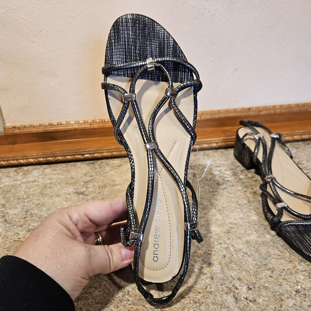 Andrew Geller Snake skin strapped Beaded slip on sandal black and silver